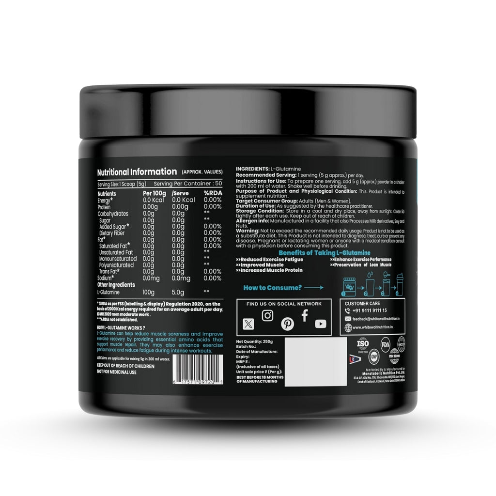 White Wolf Pure Glutamine Powder, 250g, 50 Ser