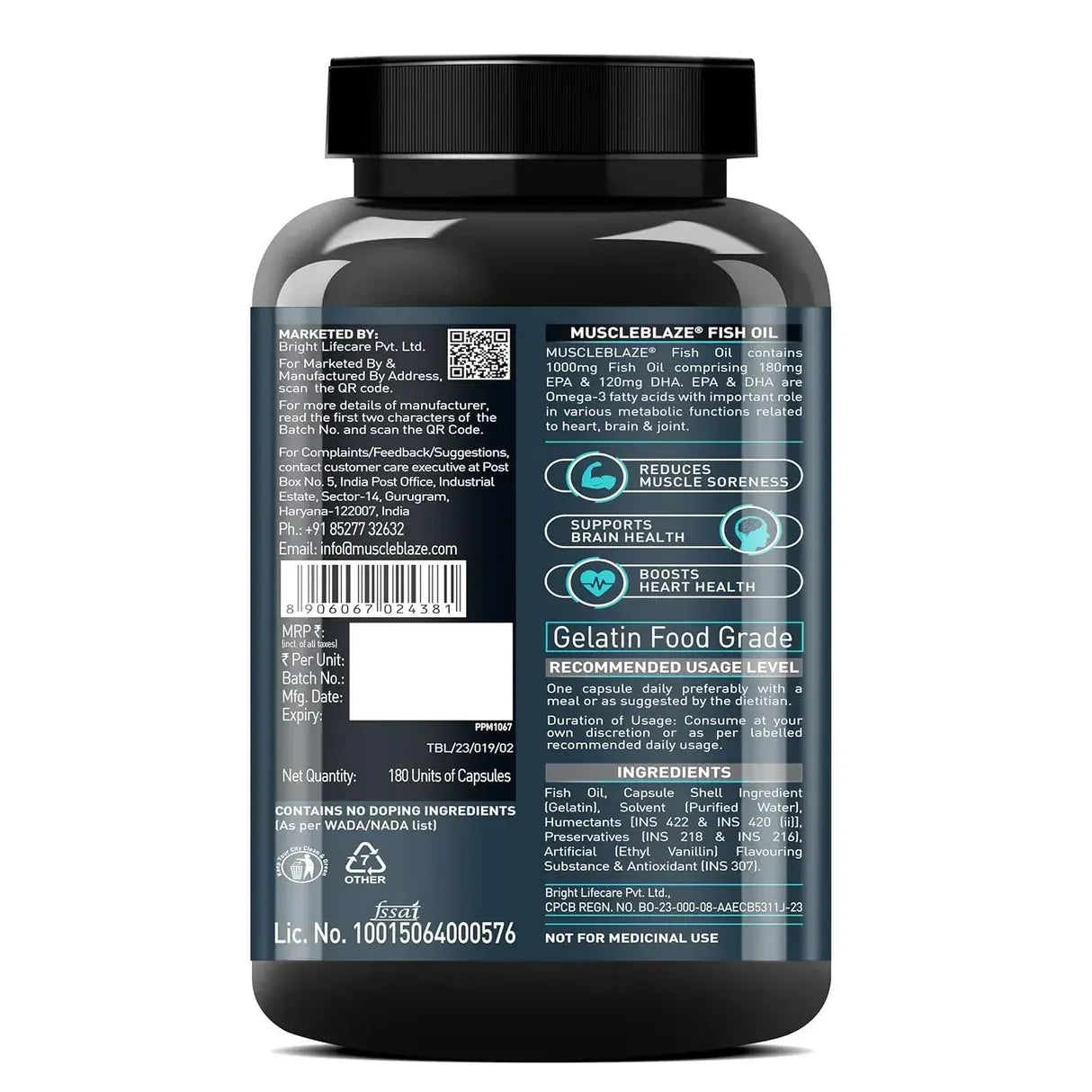 Muscle Blaze Omega 3 Fish Oil 180 capsules | EPA & DHA Wellness Support
