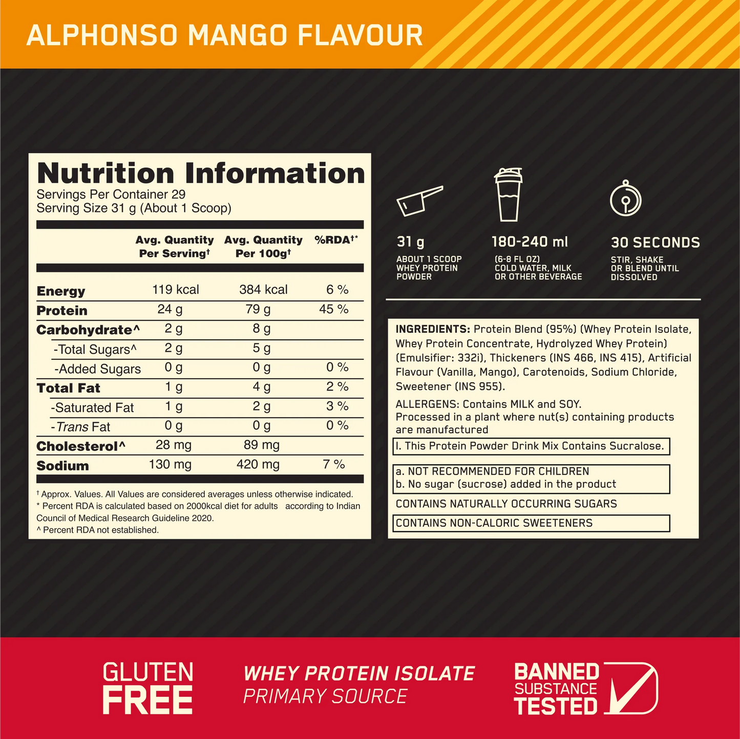 Optimum Nutrition Gold Standard 100% Whey Protein Powder - Alphonso Mango