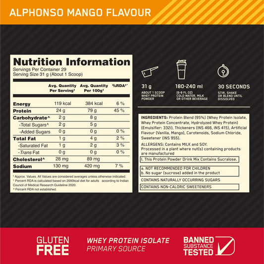 Optimum Nutrition Gold Standard 100% Whey Protein Powder - Alphonso Mango