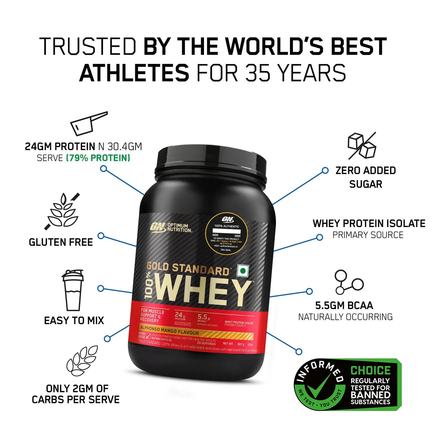 Optimum Nutrition Gold Standard 100% Whey Protein Powder - Alphonso Mango
